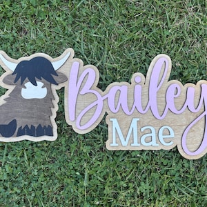 Highland Cow Layered Wooden Nursery Name Sign, Western Nursery Theme Ideas, Little Cowboy Little Cowgirl, 3D Western Name Sign for Kids Room