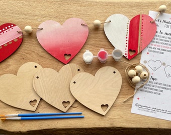 Valentine’s Day Craft Kit Garland, Paint Your Own Wooden Hearts Valentine's Day Craft, Kids Valentine's Day Craft Kit, DIY Valentines Decor