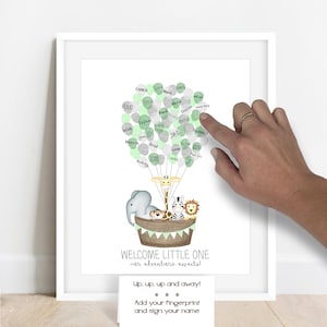 INSTANT DOWNLOAD zoo animal baby shower guestbook, hot air balloon fingerprint sign in, jungle baby shower activity, noah's ark baby shower