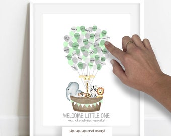 INSTANT DOWNLOAD zoo animal baby shower guestbook, hot air balloon fingerprint sign in, jungle baby shower activity, noah's ark baby shower