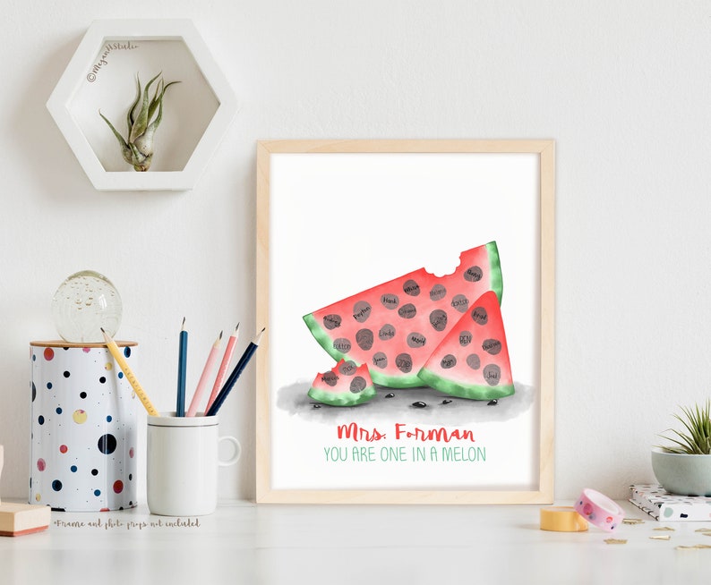 One in a MELON thumbprint watermelon poster, teacher appreciation gift ideas, fingerprint watermelon, teacher gift ideas, thank you gift DIY image 7