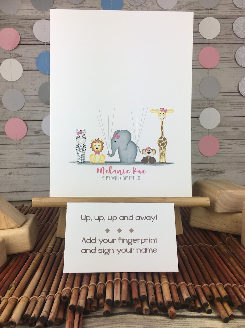 Balloon fingerprint guestbook jungle nursery decor girls zoo animal birthday party jungle baby shower ideas Girl/'s safari guestbook
