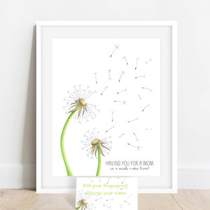 Art print of 2 hand drawn dandelions with seeds shown prior to adding fingerprints or signatures, fingerprint guestbook alternative for mother's day gift from kids, meganhstudio