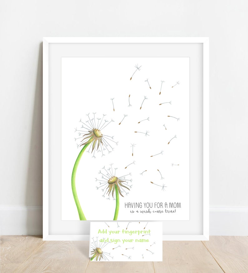 Art print of 2 hand drawn dandelions with seeds shown prior to adding fingerprints or signatures, fingerprint guestbook alternative for mother's day gift from kids, meganhstudio