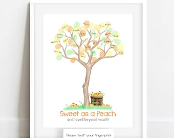 INSTANT DOWNLOAD Sweet as a Peach baby shower fingerprint tree, peach illustration, peach birthday party thumbprint tree, peach nursery art