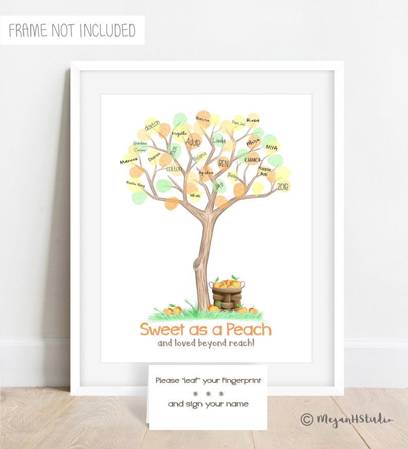 INSTANT DOWNLOAD Sweet as a Peach baby shower fingerprint tree, peach illustration, peach birthday party thumbprint tree, peach nursery art image 1