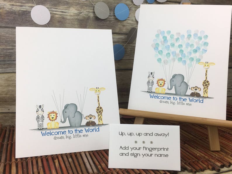 zebra INSTANT DOWNLOAD 8x10 fingerprint guestbook featuring jungle animals holding balloon strings lion monkey and giraffe zoo elephant