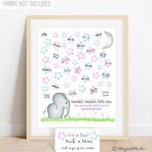 Elephant theme guess the gender poster, gender vote activity, gender reveal keepsake, twinkle little star, Gender reveal party signature