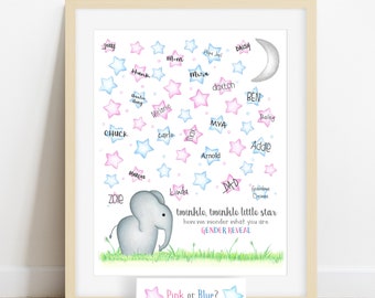 Elephant theme guess the gender poster, gender vote activity, gender reveal keepsake, twinkle little star, Gender reveal party signature