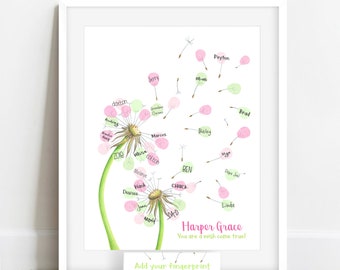 Dandelion thumbprint art, baby shower guestbook, dandelion baby shower, wish come true baby shower, thumbprint guestbook alternative