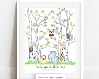 Neutral Jungle Safari Baby Shower Fingerprint Tree, Jungle Safari Nursery, Jungle Theme Baby Shower, Baby Shower Tree, Thumbprint Tree Birch
