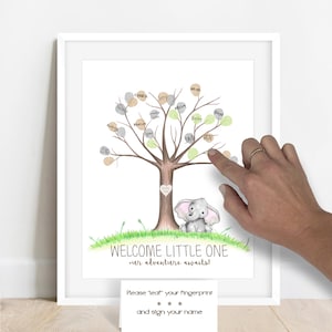 Elephant baby shower thumbprint tree, watercolor elephant nursery wall art, safari guestbook alternative fingerprint tree, baby shower ideas image 1