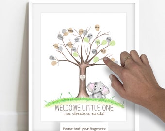 Elephant baby shower thumbprint tree, watercolor elephant nursery wall art, safari guestbook alternative fingerprint tree, baby shower ideas