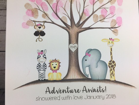 Girl S Jungle Baby Shower Fingerprint Tree Guestbook Jungle Safari