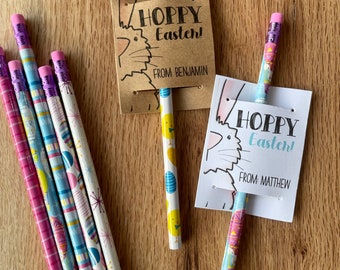 Easter Party Favors, Easter Bunny Pencils and Personalized Tags, HOPPY Easter Tags and Pencils, Easter Basket Ideas, Class Easter Party Gift