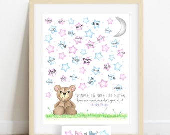 INSTANT DOWNLOAD teddy bear gender reveal, star guestbook alternative, twinkle twinkle little star, how we wonder what you are, gender guess