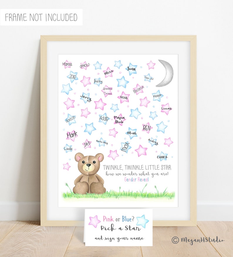 INSTANT DOWNLOAD teddy bear gender reveal, star guestbook alternative, twinkle twinkle little star, how we wonder what you are, gender guess image 1