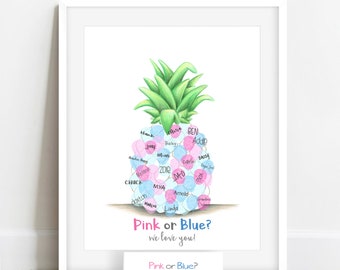 Hawaiian gender reveal, finger print pineapple, gender guess board, gender guessing game, tropical gender reveal party ideas, pineapple baby