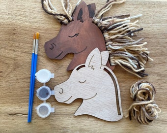 Paint Your Own Horse Craft Kit with Paint and Yarn, DIY Horse Paint Kit, Pony Party Favor Ideas, Horse Head Macrame Kit, Wooden Horse Craft