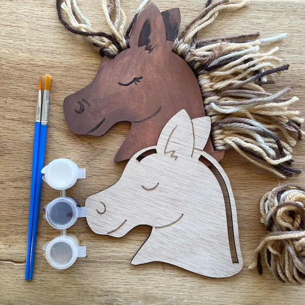 Paint Your Own Horse Craft Kit with Paint and Yarn, DIY Horse Paint Kit, Pony Party Favor Ideas, Horse Head Macrame Kit, Wooden Horse Craft