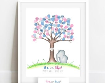 INSTANT DOWNLOAD Elephant Gender Reveal Party Activity Ideas, Fingerprint Tree Gender Guess, Jungle Themed Baby Shower Guestbook Alternative