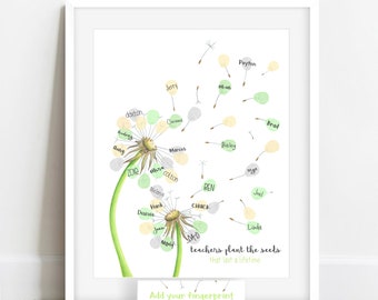 INSTANT DOWNLOAD thumbprint Dandelion, teacher appreciation, teacher gift idea, end of year teacher gift, teacher fingerprint gift, present