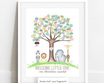 INSTANT DOWNLOAD safari themed baby shower tree, zoo animal fingerprint tree picture, baby shower idea, gender neutral baby shower activity