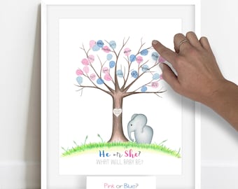 Elephant Gender reveal party ideas gender reveal tree fingerprint tree poster  elephant baby shower he or she pink or blue