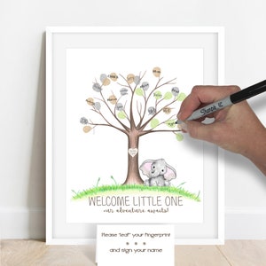 Elephant baby shower thumbprint tree, watercolor elephant nursery wall art, safari guestbook alternative fingerprint tree, baby shower ideas image 5