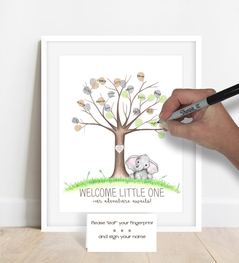 Elephant baby shower thumbprint tree, watercolor elephant nursery wall art, safari guestbook alternative fingerprint tree, baby shower ideas image 5