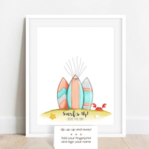 surfboard fingerprint poster art print with 3 surfboards with neutral colors standing upright in the sand with a crab, starfish, and seashell. the surfboard in the center has balloon strings for guests to add their fingerprints to. instant download