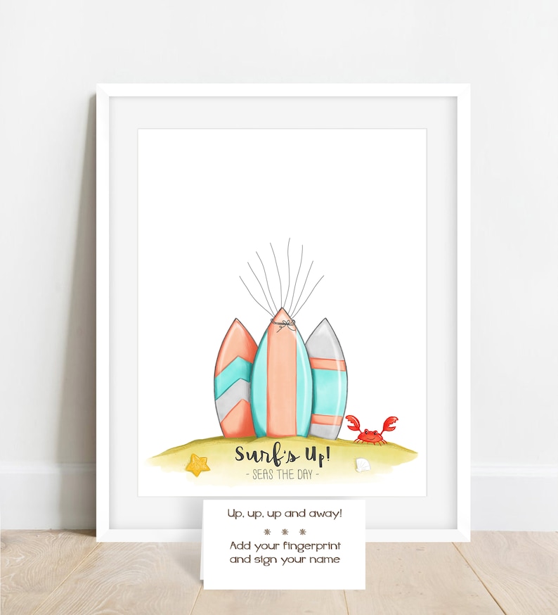 surfboard fingerprint poster art print with 3 surfboards with neutral colors standing upright in the sand with a crab, starfish, and seashell. the surfboard in the center has balloon strings for guests to add their fingerprints to. instant download