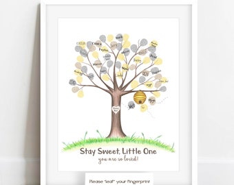 Gender neutral bee themed baby shower fingerprint tree, honey bee nursery decor, baby shower ideas, bumble bee baby shower tree, thumbprint