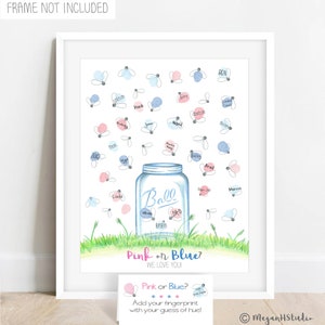 Gastenboek vingerafdruk vingerafdruk, mason jar gender reveal, lightning bug babyshower, baby Q-ideeën voor babyshower, gender-gisbord, buiten