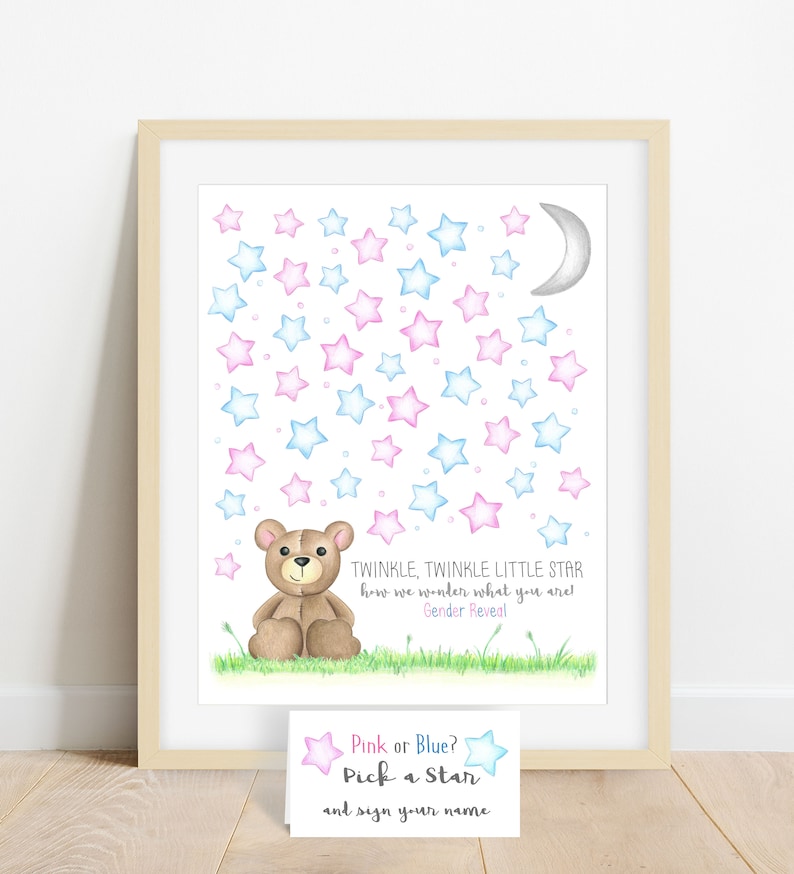 INSTANT DOWNLOAD teddy bear gender reveal, star guestbook alternative, twinkle twinkle little star, how we wonder what you are, gender guess image 2