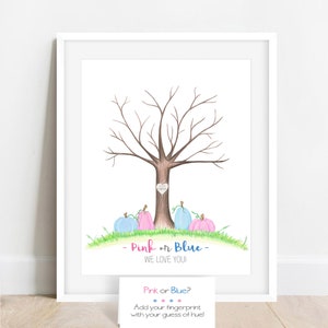 Little pumpkin gender reveal fingerprint tree, what will our little pumpkin be, fall gender reveal idea, guess the gender thumbprint picture image 2