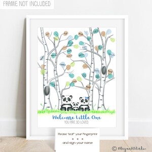 May include: A framed print featuring a watercolor illustration of birch trees with colorful leaf-shaped fingerprints. Below the trees are three panda bears. The text reads "Welcome Little One, You Are So Loved." A card reads "Please 'leaf' your fingerprint and sign your name."