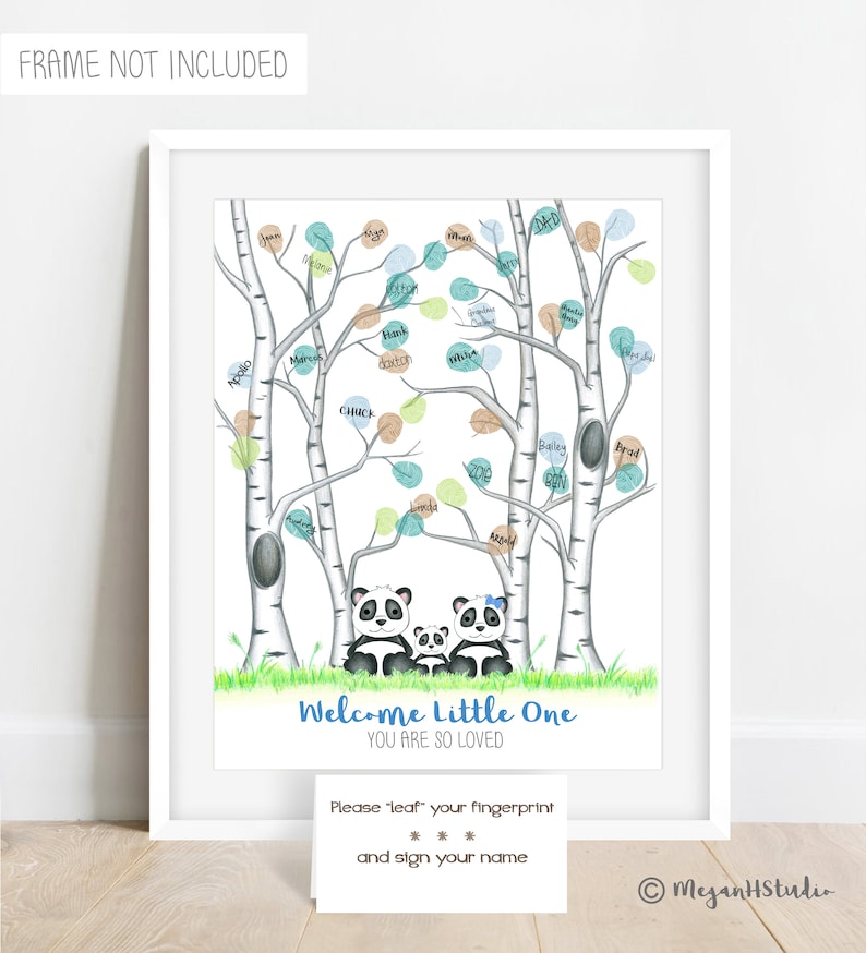 May include: A framed print featuring a watercolor illustration of birch trees with colorful leaf-shaped fingerprints. Below the trees are three panda bears. The text reads "Welcome Little One, You Are So Loved." A card reads "Please 'leaf' your fingerprint and sign your name."