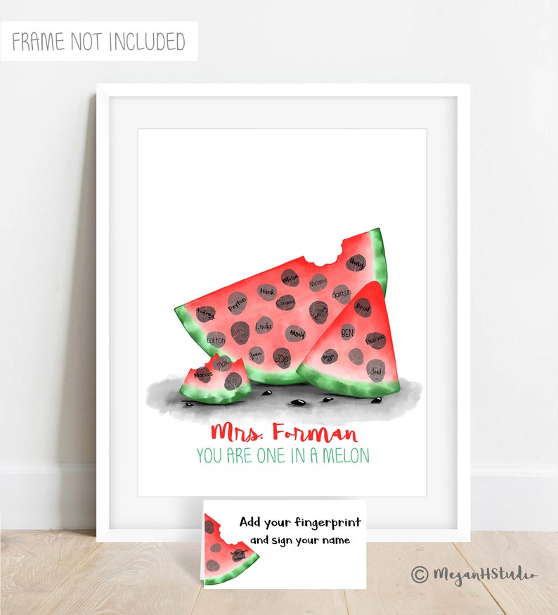 One in a MELON thumbprint watermelon poster, teacher appreciation gift ideas, fingerprint watermelon, teacher gift ideas, thank you gift DIY image 2