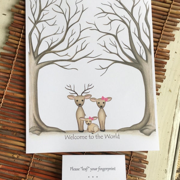 Thumb print tree guest book for a deer themed baby shower with a deer family customized to represent your family, bambi nursery