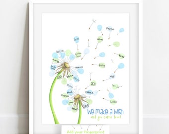 PRINTABLE dandelion thumbprint guestbook alternative, fingerprint dandelion, wedding guestbook, dandelion thumbprint art, dandelion theme