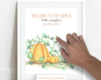 Personalized Pumpkin Patch Fingerprint Poster, Fall Baby Shower Ideas, Pumpkin Baby Shower, Thumbprint Tree Little Pumpkin Spice Baby Shower