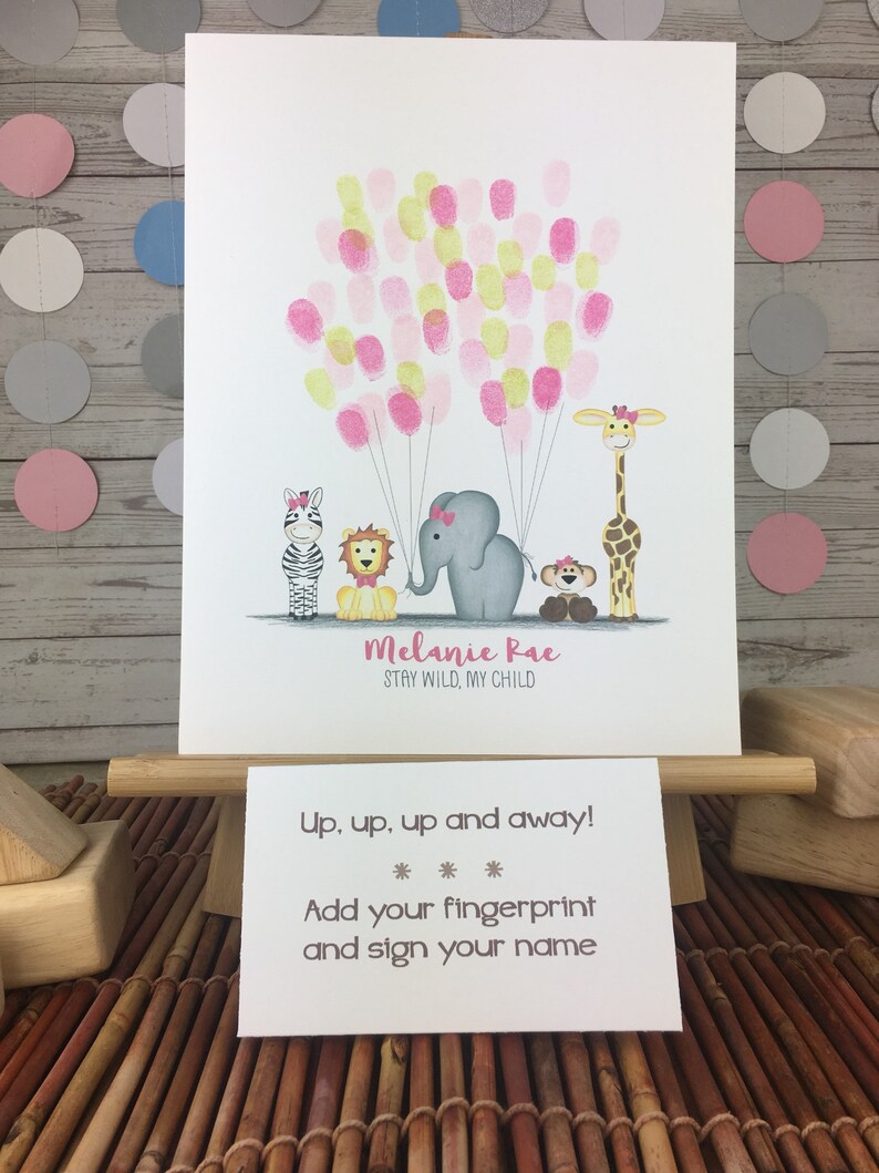 Balloon fingerprint guestbook jungle nursery decor girls zoo animal birthday party jungle baby shower ideas Girl/'s safari guestbook