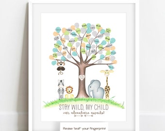 Jungle safari fingerprint tree, jungle safari baby shower decorations, personalized baby guestbook, zoo animal baby shower, safari guestbook