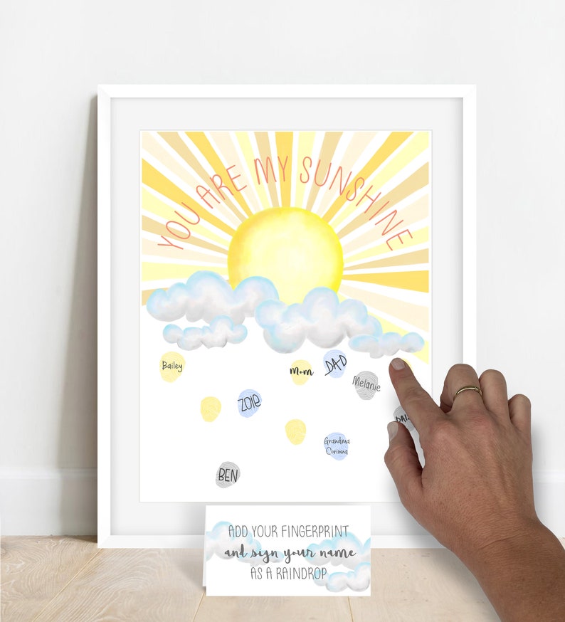 Bright Kids Room Decor, You Are My Sunshine Birthday Party Thumbprint Guestbook Alternative, Fingerprint Tree, Watercolor Sunshine Wall Art image 4