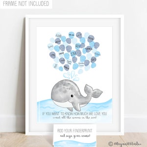 Póster imprimible de libro de visitas con huella dactilar de ballena, guardería náutica, póster con huella dactilar de ballena, ideas para baby shower náutico, arte náutico para bebés