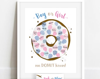 INSTANT DOWNLOAD donut gender reveal party, guess the gender, thumbprint donut theme baby shower, we donut know, fingerprint donut poster