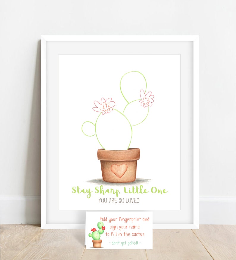 fingerprint cactus shown with a hand drawn cactus outline in a terracotta-colored planter before friends and family add their fingerprints, personalized text and fonts, meganhstudio desert themed baby shower ideas fingerprint guestbook alternative