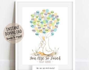 Silly Goose Fingerprint Poster | Neutral Baby Shower Guestbook Alternative | Kids Birthday Thumbprint Art Instant Download
