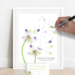 signature being added to an art print of hand drawn dandelions after fingerprints have been added to create dandelion seeds for a mother's day gift from kids, meganhstudio, fingerprint guestbook alternative, fingerprint gift from kids